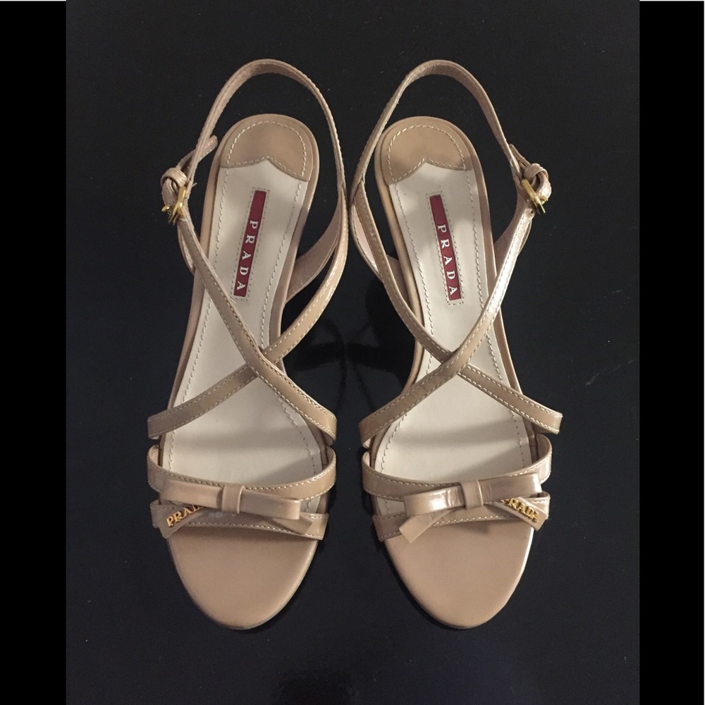 PRADA nude patent wedge sandal with bow